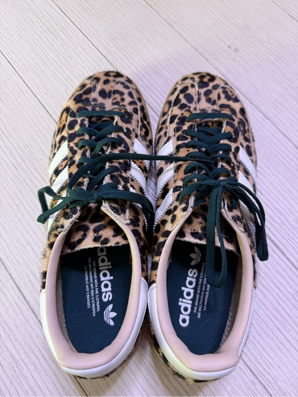 adidas Leopard Print Sneakers with White Stripes and Dark Green Laces - Picture 2 of 6